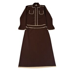 Vertigo Paris Brown Cream Knit Cardigan Skirt Set Women's S Vintage Style